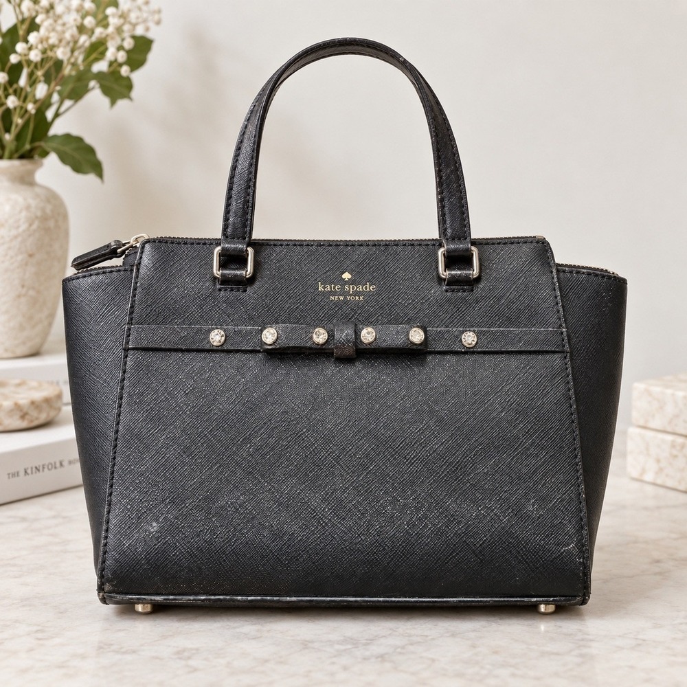 Kate Spade Black Saffiano Leather Satchel Bow Crystal Embellished Handbag